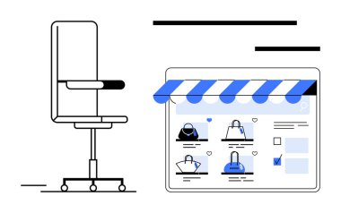 Ofis sandalyesi, çizgili tentenin altında çeşitli el çantaları ve aksesuarları gösteren tabletin yanında. E-ticaret, çevrimiçi alışveriş, dijital pazarlama, ofis ortamı, yaşam tarzı, perakende satış için ideal
