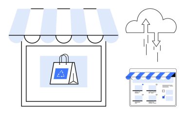 Çizgili tenteli mağaza önü, geri dönüşüm sembollü alışveriş çantası, bulut yükleme simgesi ve çevrimiçi mağaza arayüzü. E-ticaret için ideal, çevrimiçi alışveriş, dijital perakende, sürdürülebilirlik, bulut