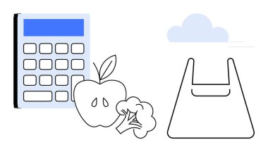Hesap makinesi, elma, brokoli, alışveriş torbası ve bulut. Bütçe, finans, market alışverişi, sağlıklı yaşam yemeği planlama tüketici alışkanlıkları analizi için ideal. Basit soyut çizgi düz
