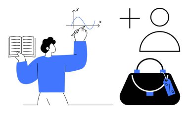 Elinde açık kitap ve çizim grafiği olan kişi artı kullanıcı simgesi ve el çantasının yanına imza. Veri analizi, eğitim, iş, iş hayatı dengesi, kişisel büyüme, mesleki kalkınma için ideal