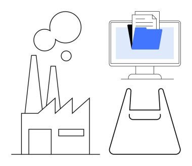 Bacaları duman çıkaran fabrika, dosya klasörünü gösteren bilgisayar monitörü ve çevre dostu alışveriş çantası. Teknoloji, endüstri, dijital depolama, sürdürülebilirlik ve kirlilik için ideal