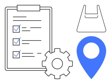 Kontrol işaretli panodaki kontrol listesi, ayarlar için vites sembolü, alışveriş çantası taslağı ve mavi lokasyon broşu. Üretkenlik, organizasyon, ayarlar, alışveriş, lojistik planlama için ideal