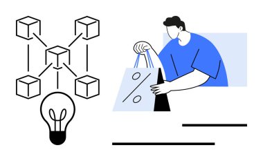 Alışveriş torbası tutan bir müşteri, ampule bağlı bir engelleme ağı. E-ticaret, engelleme zinciri, yenilik, teknoloji eğilimleri, dijital işlemler, perakende stratejisi, modern
