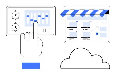 El, kontrol paneli kaydıracı ve kadranları ile etkileşime girer, bir tente altındaki online mağaza önü, bulut simgesi. Teknoloji entegrasyonu, e-ticaret, dijital kontrol, online alışveriş, bulut bilgisayarı için ideal