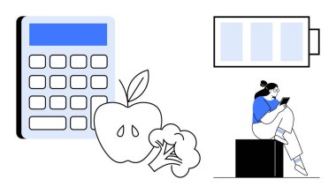 Hesap makinesi, elma, brokoli, pil ve tablet kullanan biri. Sağlık, teknoloji entegrasyonu, enerji yönetimi, üretkenlik yaşam tarzı dengesi sağIık rutinleri ve diyet planlaması için ideal