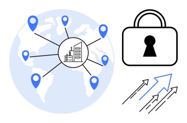 Mavi konum işaretlerinden oluşan ağ, dünyanın dört bir yanında endüstriyel binayla bağlantılı. Güvenliği sembolize eden asma kilit, büyümeyi gösteren yukarı doğru oklar. İş ve küresel iletişim için ideal