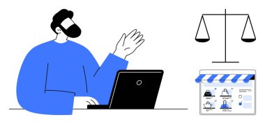 Dizüstü bilgisayarda çalışan kişi elini kaldırırken adalet terazisi adaleti simgeler ve profil fotoğrafları ve programları olan takvim. Yasal hizmetler, işletme yönetimi, çevrimiçi toplantılar ve insan kaynakları için ideal