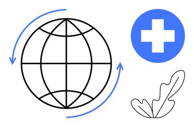 Çevresindeki oklar, sağlık haçı ve yapraklarla dolu bir dünya. Küresel sağlık, tıbbi bakım, çevre sağlığı, sağlık sistemleri, sürdürülebilirlik doğa sağlığı için idealdir. Basit soyut çizgi düz
