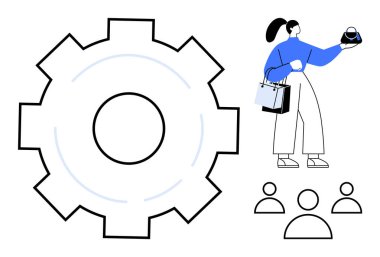 Alışveriş torbası taşıyan bir kadın büyük teçhizat ve bir grup insan ikonu ile birlikte. İş için ideal, takım çalışması, organizasyon, yönetim, alışveriş, tüketici davranışı, mekanik süreçler. Soyut bir çizgi