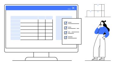 Kadın büyük bir bilgisayar monitörünün yanında durup bir masa ve kontrol listesi gösteriyor. Üretkenlik, organizasyon, planlama, iş akışı, proje yönetimi, verimlilik, dijital araçlar için ideal. Soyut