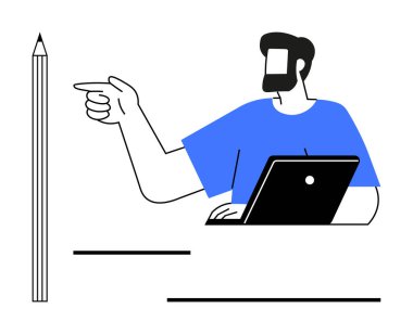 Dizüstü bilgisayarı olan mavi gömlekli adam dik kalemi işaret ediyor. Yaratıcılık, iletişim, eğitim, teknoloji, tasarım düşünme, profesyonel tavsiye, stratejik içgörü için idealdir. Soyut satır düzlüğü