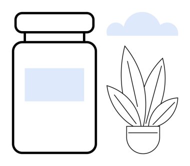 Boş etiketli hap şişesi yapraklı saksı çiçeği ve bulut motifi. Doğal ilaçlar, bitkisel takviyeler, alternatif tıp, sağlık ürünleri, çevre dostu yaşam tarzı, organik