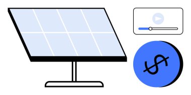 Güneş paneli enerji üretiyor, medya kontrol çubuğu içeriği oynuyor ve mali tasarrufu gösteren bir dolar işareti var. Yenilenebilir enerji, sürdürülebilirlik, teknoloji, finans, ekonomi ve multimedya için ideal