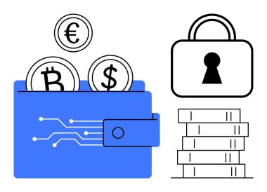 Kilitli bir asma kilit ve bozuk para yığınının yanında Bitcoin, Euro ve Dolar bozukluklarıyla dolu dijital cüzdan. Finans, güvenlik, kripto para birimi, dijital işlemler, engelleme zinciri, e-ticaret için ideal
