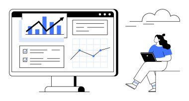 Veri tabloları ve ilerleme grafikleri monitör ekranında, dizüstü bilgisayarla görüntülenen kişi. İş analizi, veri sunumu, uzaktan çalışma, dijital pazarlama, çevrimiçi eğitim için ideal
