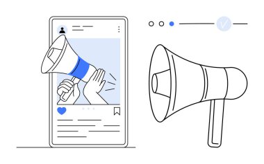 İzole edilmiş bir megafonun yanında elinde megafonla sosyal medya iletisi gösteren akıllı telefon ekranı. Dijital pazarlama, marka farkındalığı, reklamcılık, iletişim, sosyal