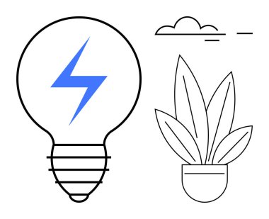 Mavi yıldırımlı ampul, stilize saksı bitkisi ve minimum bulut. Sürdürülebilirlik, yenilik, yeşil enerji, çevre bilinci, büyüme yaratıcılığı verimliliği için idealdir. Soyut