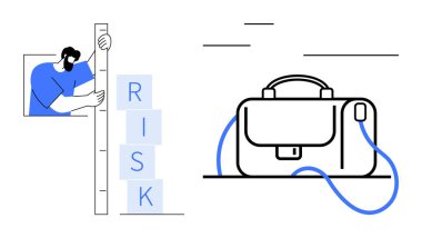 İşadamı riskleri dikey ölçekte ölçüyor ve iş çantasının yanında RISK yazımını engelliyor. Şirket stratejisi, risk değerlendirmesi, mali planlama, iş araçları için ideal