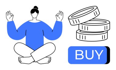 Meditasyon yapan kişi madeni para yığınları ve satın alma düğmesinin yanında poz verir. Finansal farkındalık, e-ticaret, çevrimiçi alışveriş, dengeli harcamalar, dijital işlemler, stressiz finansmanlar için ideal