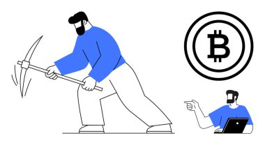 Kazmalı Bitcoin madencisi, Bitcoin sembolü ve dizüstü bilgisayarı olan bir adam. Dijital para birimi, engelleme teknolojisi, sanal madencilik, kripto para birimi, fintech, ekonomik kavramlar için ideal