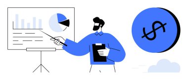 Pasta ve bar çizelgelerini elinde bir kalemle sunan büyük bir dolar işareti çemberi olan bir adam. İş, finans, büyüme, sunum, veri analizi, strateji eğitimi için ideal