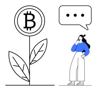 Mavi elbiseli kadın Bitcoin logosu olan bir bitkinin önünde dijital para biriminin büyümesini sembolize ediyor. Finans, yatırım, kripto para birimi eğitimi, yenilik, ekonomik büyüme, stratejik
