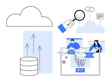 Bulut depolama, veri analiz büyüteç, satın alma düğmesi ile e-ticaret arayüzü, nakit para, büyüme eğilimini gösteren oklar. İş, veri, finans, bulut hizmetleri e-ticaret stratejisi için ideal