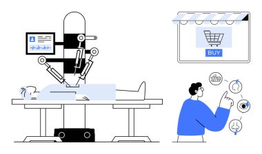 Robotic arm performs surgery on patient in medical setting while individual shops online. Ideal for themes in technology, healthcare, online shopping, automation, innovation, future trends, digital clipart