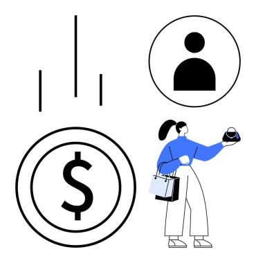 Alışveriş torbaları taşıyan ve bir çanta tutan bir kadın, dolar sembolü bozuk para, profil ikonu. E-ticaret, perakende, mali planlama, müşteri davranışı, pazarlama stratejisi, bütçe kullanıcı profilleri için ideal