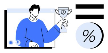 Mavi tişörtlü kişi video görüşmesinde yanında yüzde sembolü ve eşit işareti ile kupa taşıyor. Başarı, başarı, çevrimiçi toplantılar, dijital ödüller, verimlilik, motivasyon için ideal