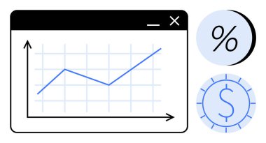Pencerede yukarı doğru eğilimli çizgi grafik çizelgesi, yüzde işareti ve dolar işareti var. Finans, yatırım, ekonomi, iş büyümesi, veri analizi, piyasa eğilimleri ve raporlar için ideal. Satır metaforu