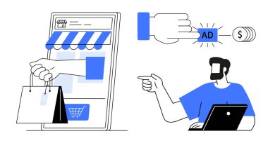 Adam dizüstü bilgisayar kullanıyor ve tabletten uzanan alışveriş torbalarını tutan dijital bir reklam düğmesine işaret ediyor. E-ticaret, dijital reklam, çevrimiçi alışveriş, pazarlama stratejileri ve tüketici için ideal