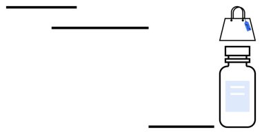 Etiketli bir şişe, etiketli bir alışveriş çantasına bağlı. E-ticaret, çevrimiçi alışveriş, dijital pazarlama, perakende satış, ürün dağıtımı, tüketici davranışı, soyut düz metafor