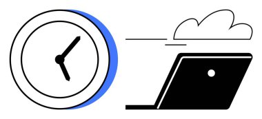 Siyah elli bir saat ve buluta bağlı bir dizüstü bilgisayarın yanında mavi bir gölge. Üretim ipuçları, uzak çalışma, bulut hizmetleri, dijital dönüşüm, zaman yönetimi, iş akışı optimizasyonu için ideal