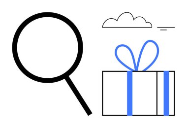 Bulut çizgisi altında mavi kurdeleli bir hediye kutusunun yanında büyüteç. Keşif, keşif, sürpriz, hediye avcılığı, tatil temaları, gizem ve kutlamalar için ideal. Satır metaforu