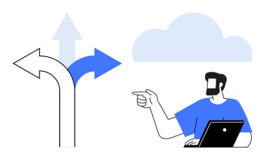 Dizüstü bilgisayardaki adam farklı yollar ya da kararlar gösteren farklı okları işaret ediyor. Temalar için ideal karar verme, yön, rehberlik, seçim, strateji, iş planlaması, sorun çözme