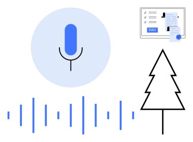 Ses dalgaları, belge ve ödeme arayüzü ve ağaç özeti olan mavi mikrofon simgesi. Konuşma tanıma, ödeme sistemleri, teknoloji entegrasyonu, çevre bilinci, yenilik için ideal