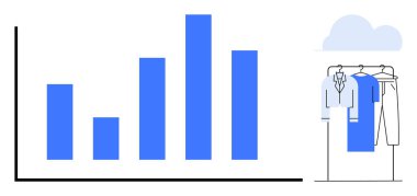 Mavi çizelge, gömlek ve pantolonlu elbise askısının yanında yükseliyor. Perakende, moda trendleri, satış analitikleri, büyüme takibi, pazarlama stratejileri, iş sezgileri, eğitim için ideal. Çizgi