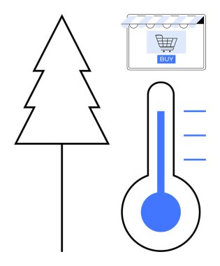 Christmas tree outline, a thermometer with a blue center indicating low temperature, and a shopping cart with a BUY button under an awning. Ideal for holiday shopping, e-commerce, online sales clipart