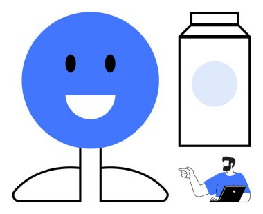 Mavi gülen yüz bir süt kutusunun yanında dururken dizüstü bilgisayarı olan bir adam köşe noktalarında duruyor. Mutluluk, iletişim, teknoloji, eğitim, basitlik, minimalizm, soyut kavramlar için ideal