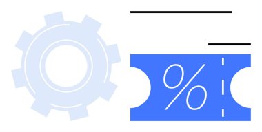 Yüzde işareti olan vites ve mavi indirim simgesi. Pazarlama, verimlilik, terfi, satış, otomasyon, strateji, yönetim için ideal. Modern iş unsurları soyut çizgi düz metafor