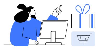 Masaüstü bilgisayarı kullanan ve yukarı bakan bir kadın. Yakınlarda paketlenmiş bir hediye kutusu ve bir alışveriş arabası ikonu var. E-ticaret, çevrimiçi perakende, alışveriş, pazarlama, iş, tatil satışları, web tasarımı için ideal