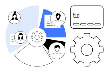 İş adamı simgeleri, doküman, vites kutusu ve kredi kartı içeren pasta grafiği. Takım çalışması, organizasyonel iş akışı, finansal planlama, bankacılık projesi yönetim stratejisi için ideal. Çizgi