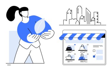 Ön planda internet mağazası ve arka planda şehir manzarası olan bir yaprak tutan kadın. E-ticaret, sürdürülebilirlik, kentsel yaşam, çevrimiçi alışveriş, yeşil ürünler, çevre dostu, modern