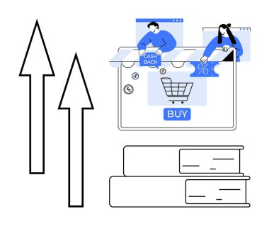 Tablet ekranda alışveriş arabası, satın alma tuşu, para çekme mesajı ve satış afişi. Yukarı doğru iki okla istiflenmiş kitaplar. E-ticaret, eğitim, pazarlama, tanıtım sektörü büyümesi için ideal