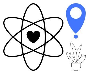 Atomik yörünge çizgilerinin merkezinde kalp, mavi lokasyon iğnesi, saksı bitkisinin ana hatları. Bilim, teknoloji, sağlık, konum, çevre için ideal aşk büyümesi. Minimalist soyut çizgi düz