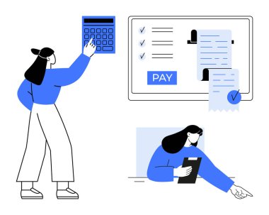 Hesap makinesi kullanan bir kadın, ödeme ve kontrol düğmeli dijital ekran, belgeye bakan bir kadın. Finans, çevrimiçi ödeme, dijital işlemler, iş verimliliği, muhasebe, mali işler için ideal