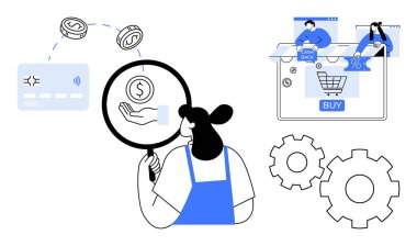 Bozuk para, kredi kartı ekstreleri, online alışveriş arabası, nakit para teklifi ve ayarları temsil eden viteslerle büyüteç incelemesi. İnternet üzerinden e-ticaret, bankacılık, fintech ve analiz için ideal