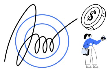 Alışveriş torbası ve bozuk para tutan bir kadının yanında el çizimi bir spiral mavi eşmerkezli daireler. Finans, alışveriş, ekonomi, yatırım, iş, tüketici davranışı ve karar verme için ideal. Soyut