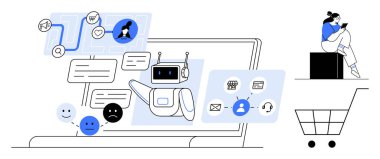 Mesajlaşma simgeleri ve kullanıcı duygularıyla bir dizüstü bilgisayarda görüntülenen sohbet robotu. Yanında telefon alışveriş arabasıyla mesajlaşan biri var. Müşteri desteği, e-ticaret ve teknoloji için ideal.